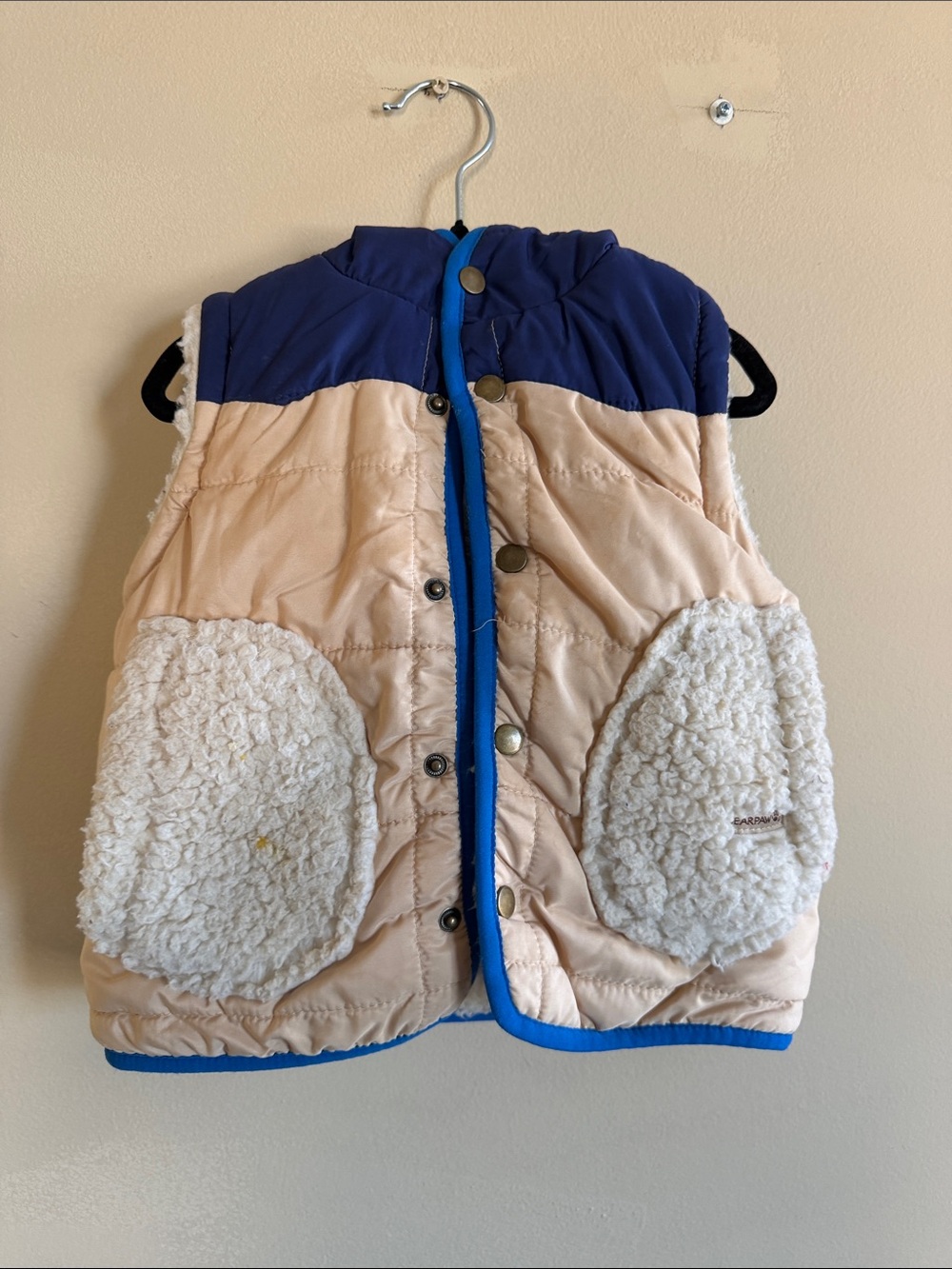 BearPaw Kids Colorblock Sherpa Puffer Vest in Navy, Cream & Blue Trim